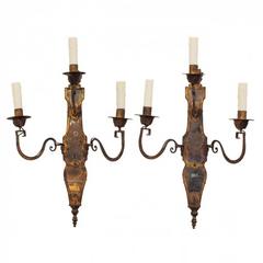 Pair of Italian Gilt Metal and Mirrored Three-Light Wall Sconces