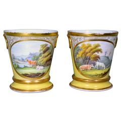 Coalport Porcelain Yellow Cache Pots and Stands with Pastoral Scenes of Cows