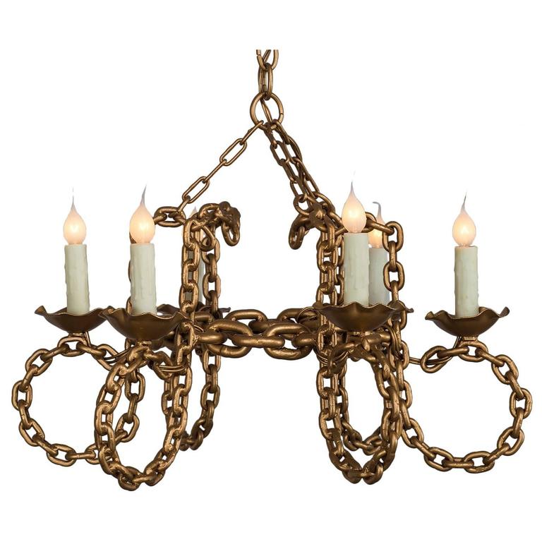 Vintage French Six Light Gold Chain Link Chandelier circa 1930 at 1stDibs