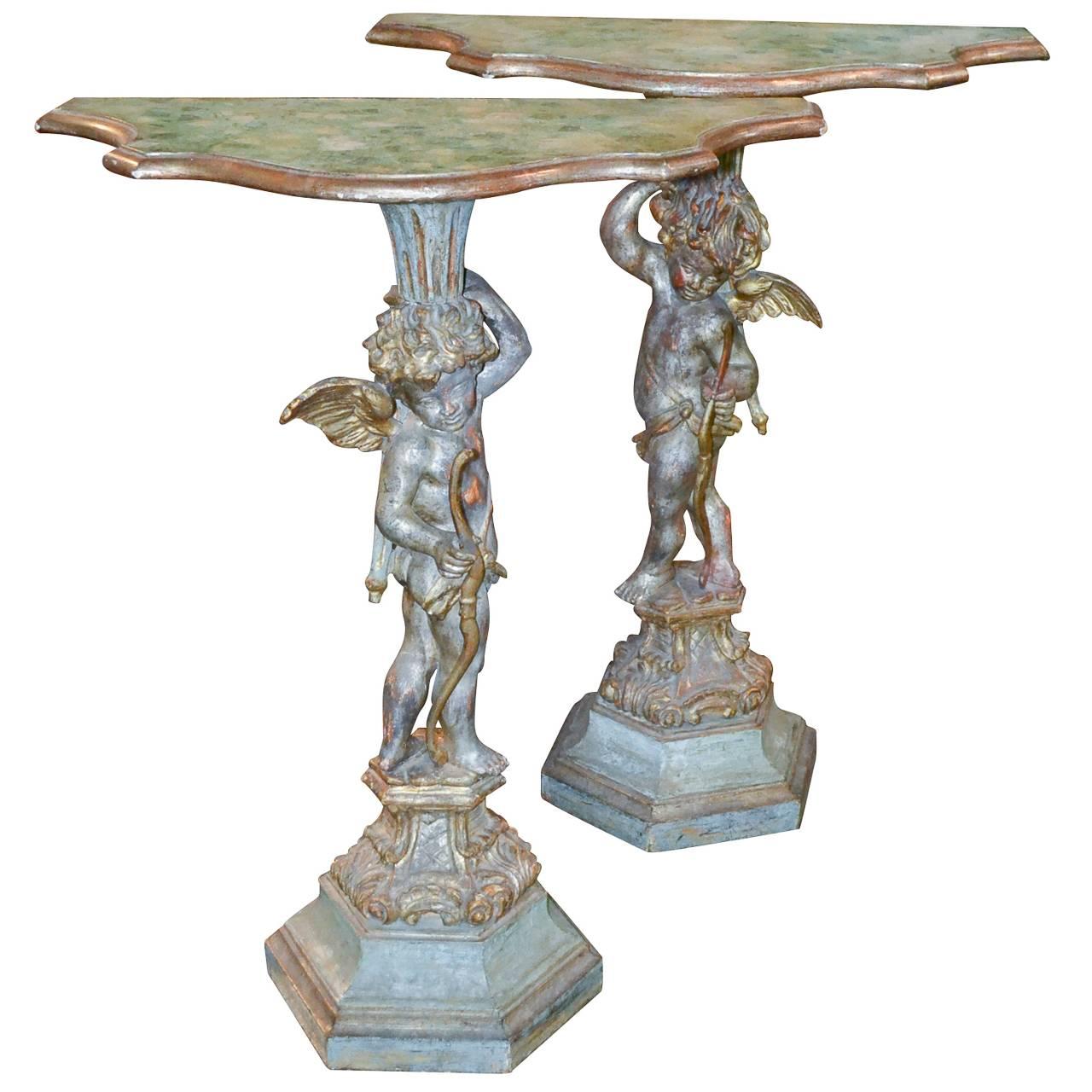 19th Century Pair of Italian Polychrome Side Tables