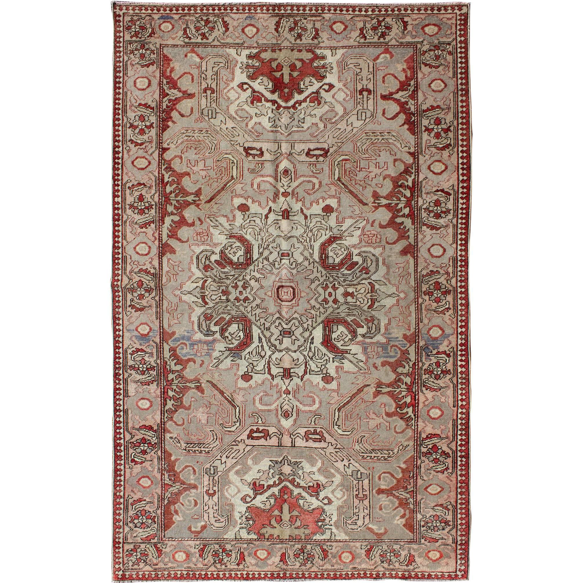 Antique Sevas Turkish Rug in Gray, Taupe, Blush, Rosewood Red and Charcoal 