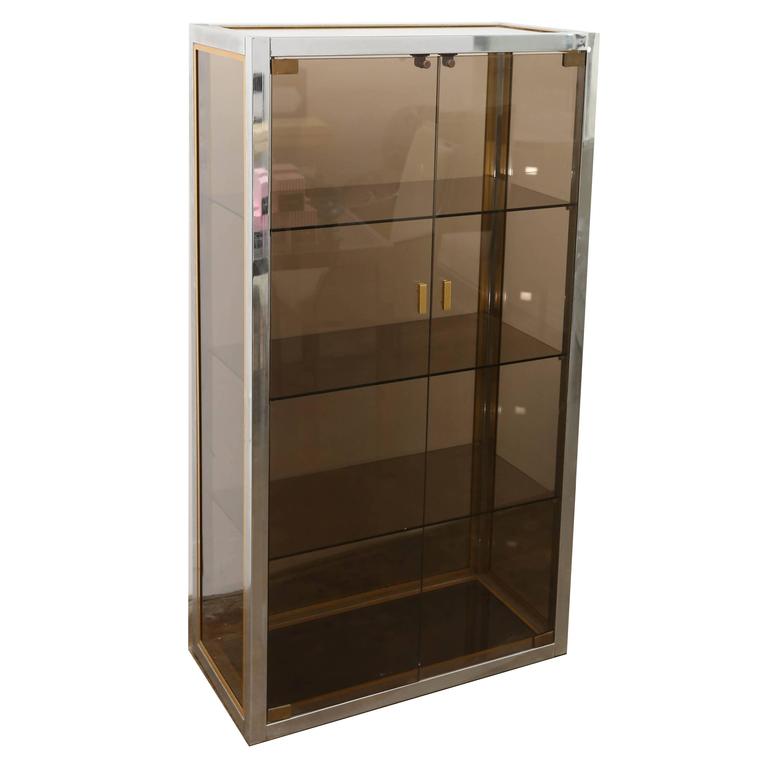 MidCentury Modern Italian Chrome, Brass and Smoked Glass Vitrine by Romeo Rega For Sale at 1stdibs