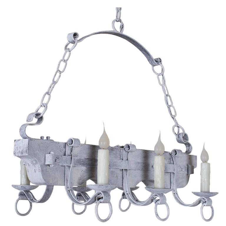 Vintage French Painted Wood And Iron Ox Yoke Chandelier Circa 1940