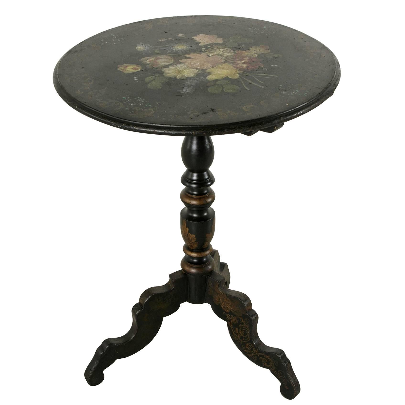 Rare Napoleon III Period Hand-Painted Floral and Ebonized Side Table