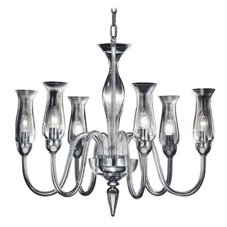 Two Modern Neoclassical Clear Murano Glass Chandeliers with Glass Shades For Sale