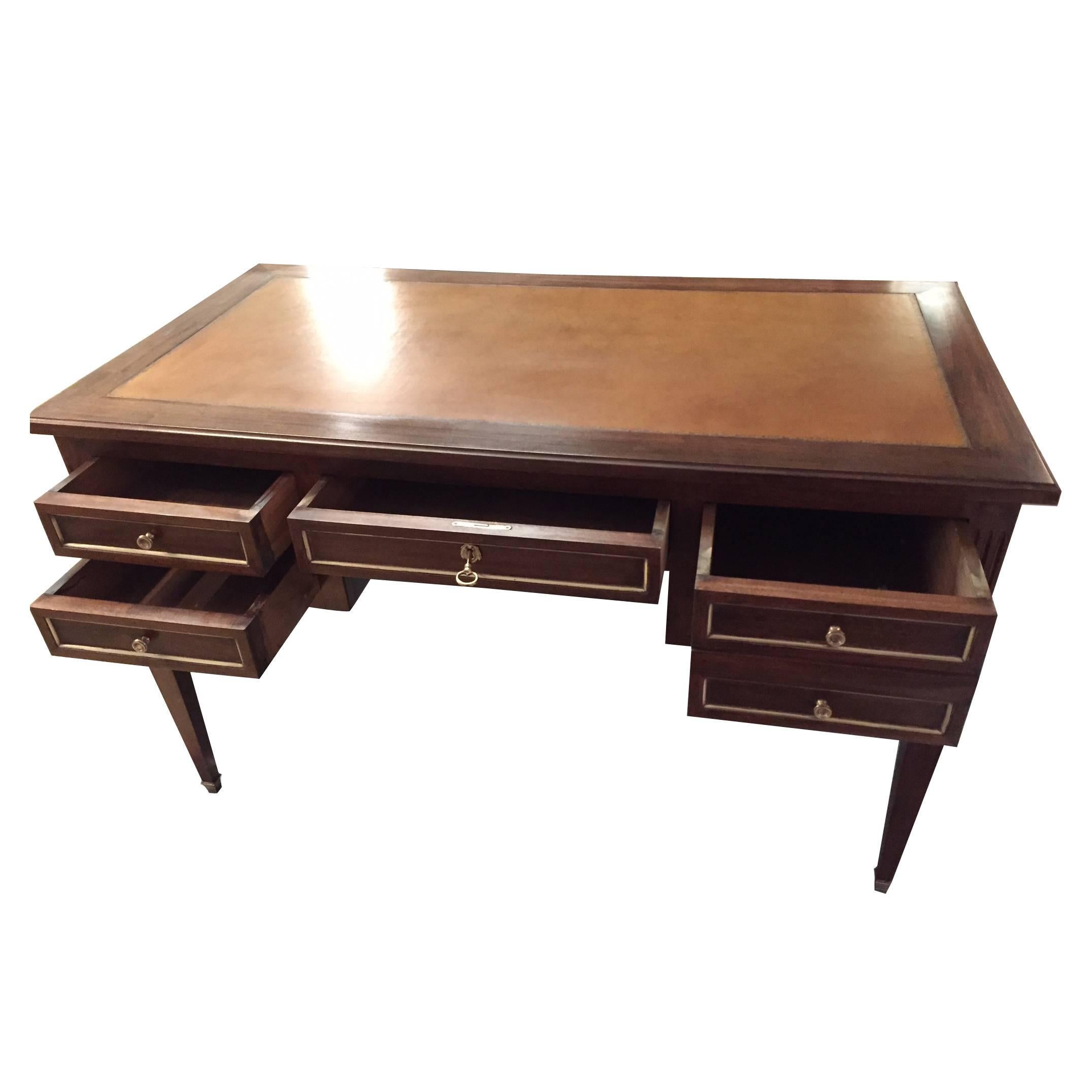 French Leather Writing Desk Table with Glass over Cognac Leather Top 4 Drawers For Sale