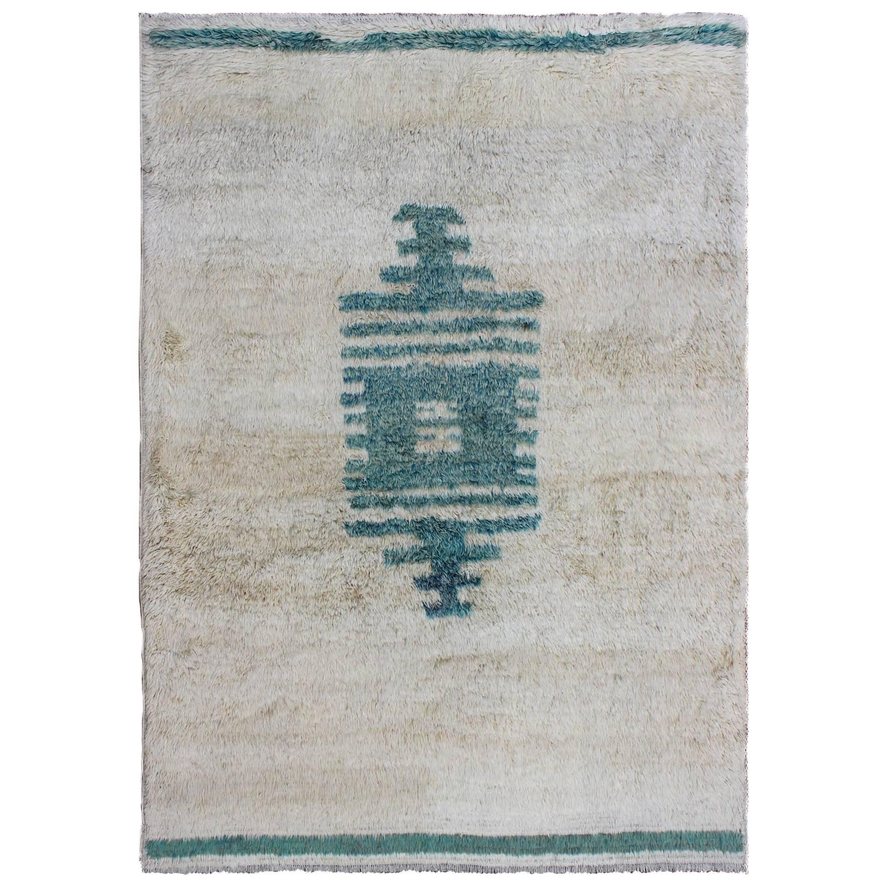 Unique Turkish Vintage Tulu Rug with Modern Design in Teal & Off White 