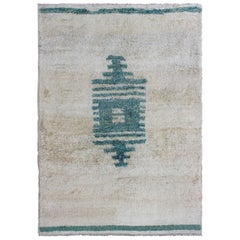 Unique Turkish Vintage Tulu Rug with Modern Design in Teal 
Off White