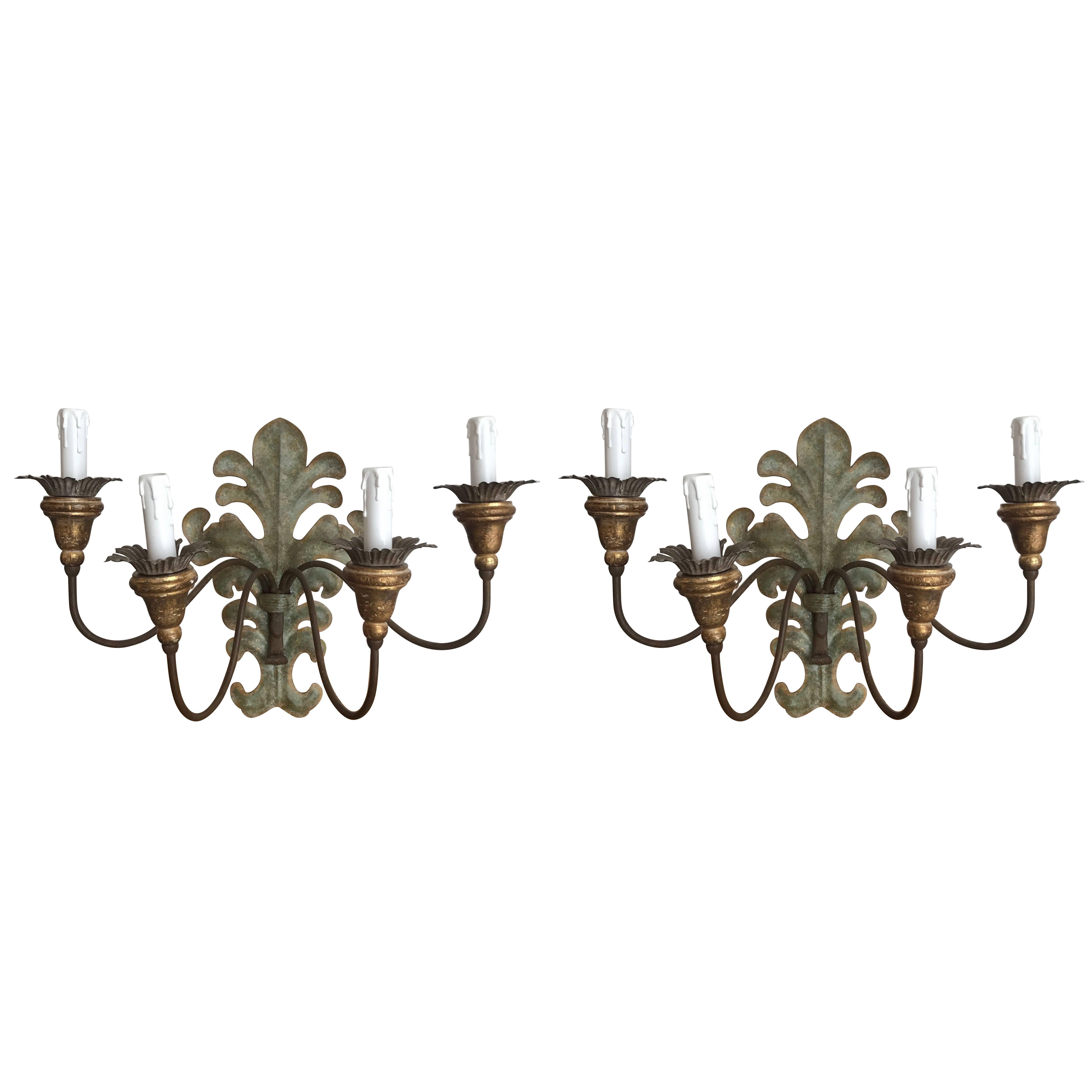 Pair of French 4-Arm Wood and Tole Sconces For Sale