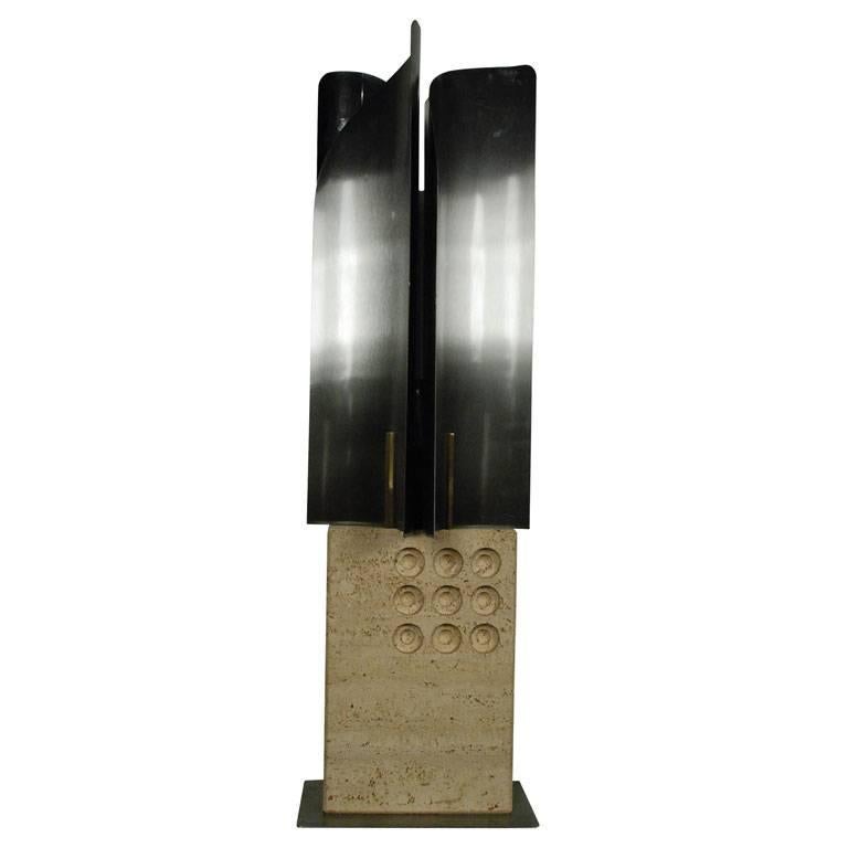 Sculptural Travertine and Stainless Steel 1960s Table Lamp by Reggiani For Sale