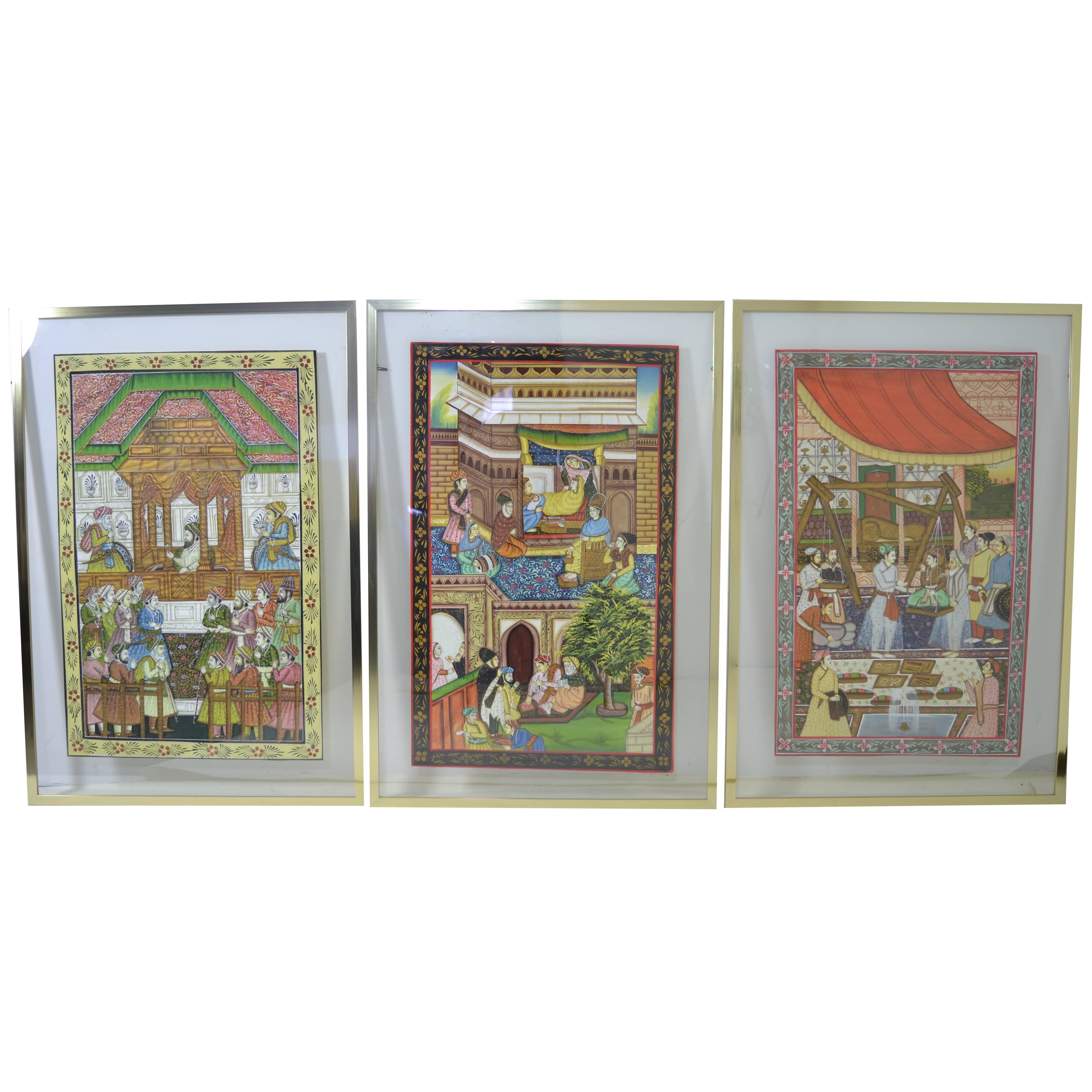 Set of Three Persian Watercolors in Floating Frames