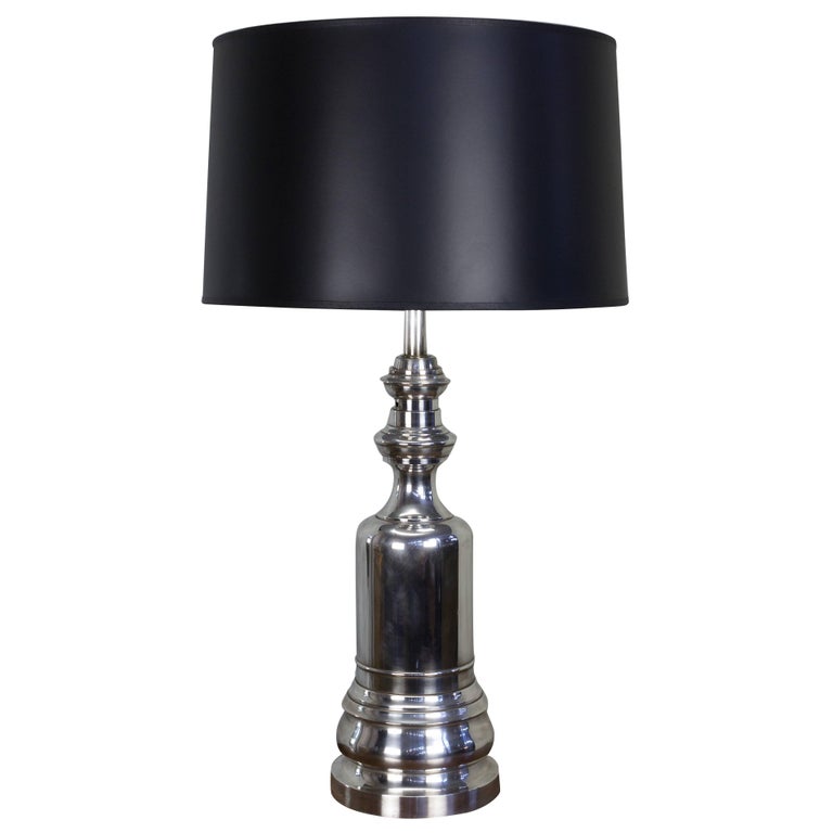 Tall French 1940s Nickel Plated Table, Tall Nickel Table Lamp With Black Shade