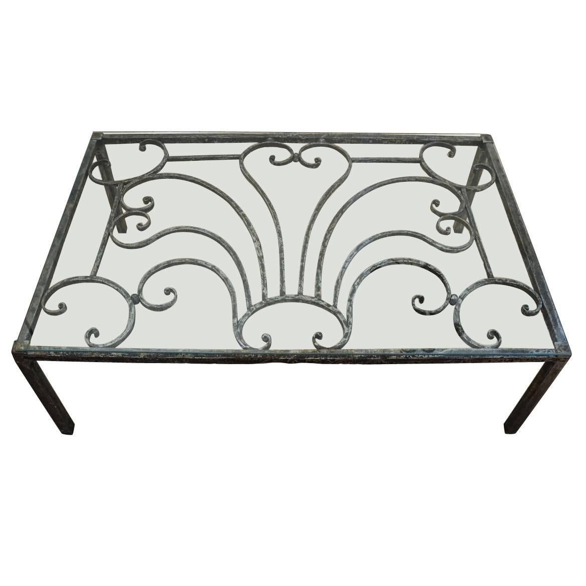 French Silvered Iron Low Table with Glass Top