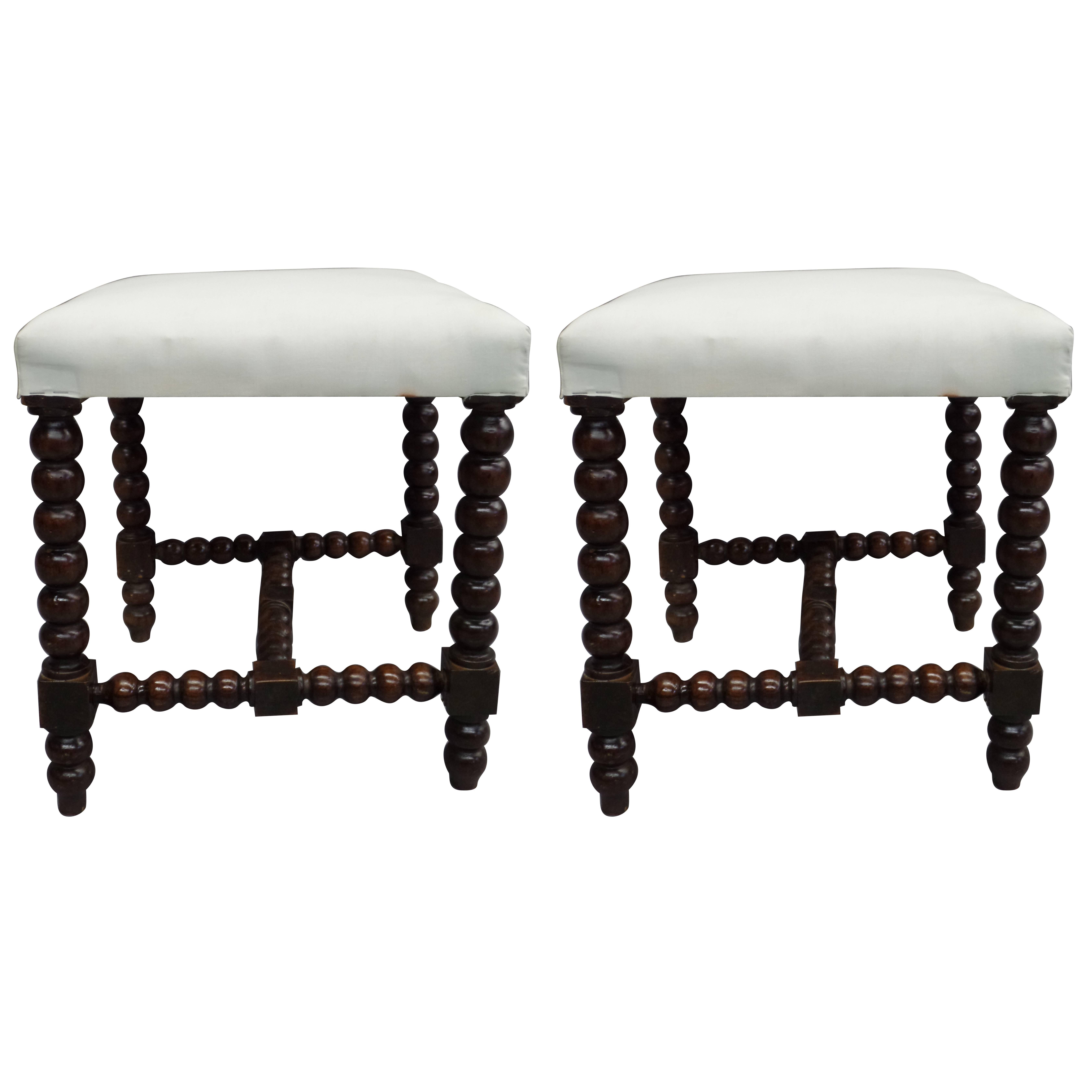 Pair French Modern Neoclassical Hand-Carved Wood Stacked Ball Benches / Stools For Sale