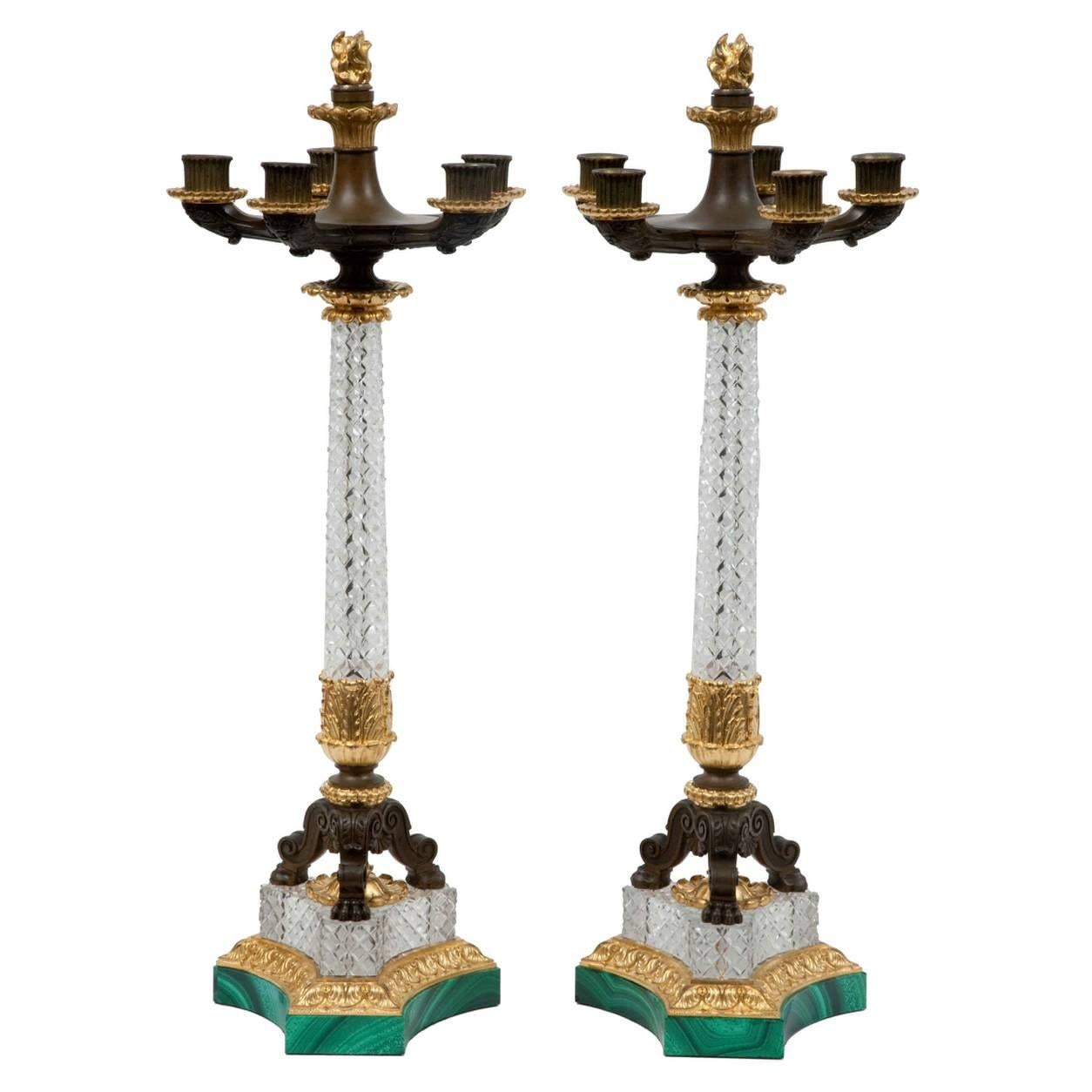 Pair of Crystal, French Empire Candelabra For Sale