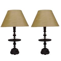 Pair of French Colonial Mid-Century Carved Wood Table Lamps, 1930