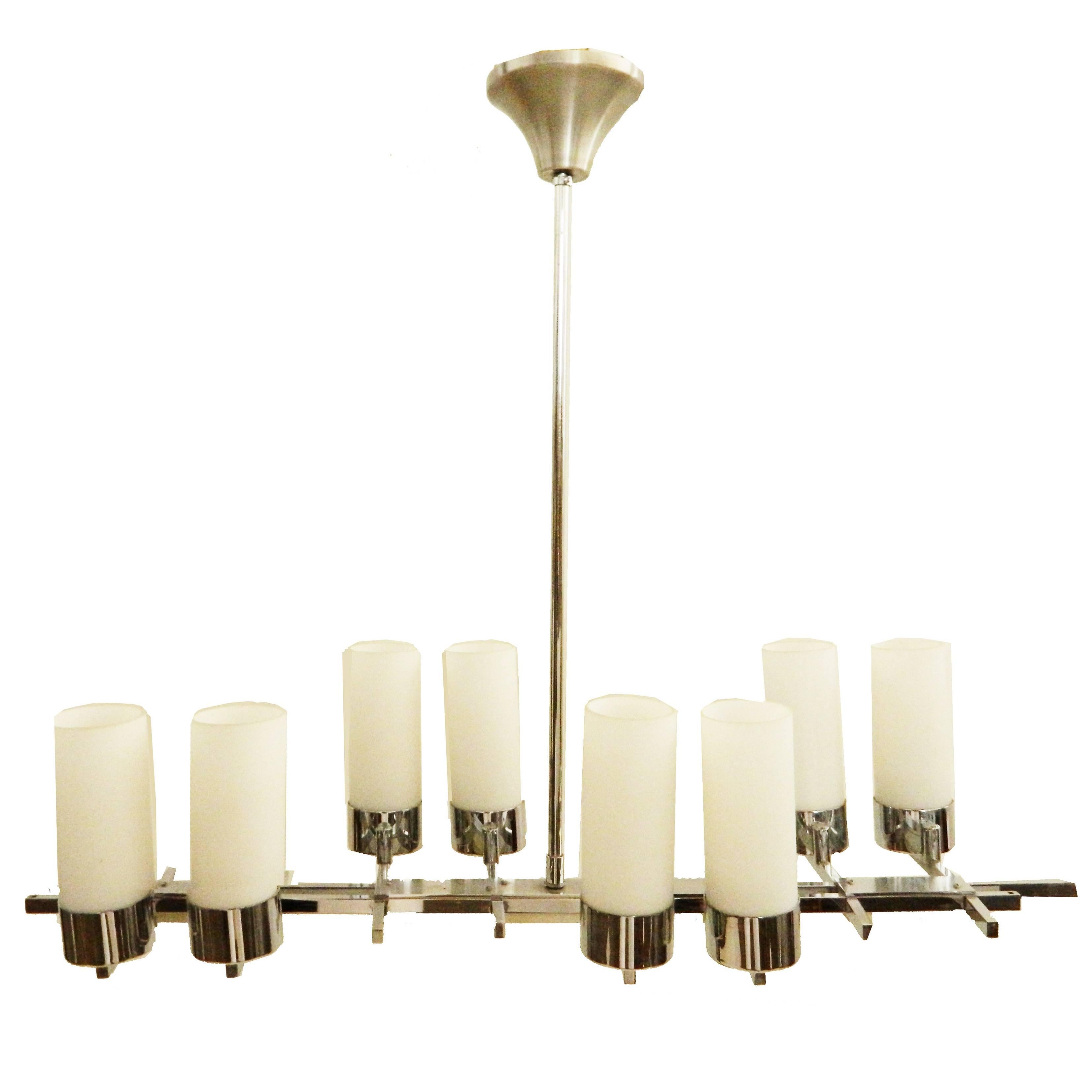 Jacques Adnet Eight Light Chandelier Chrome & Opaline Glass Shades French  For Sale