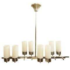 Vintage Jacques Adnet Eight Light Chandelier Chrome & Opaline Glass Shades French 