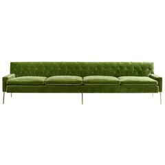 Mayweather Sofa 2.0 with Tufted Silk Velvet Back in Leaf Green and Bronze Legs