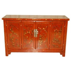 Used Elegant Red Lacquer Sideboard with Gold Gilt Landscape Motif