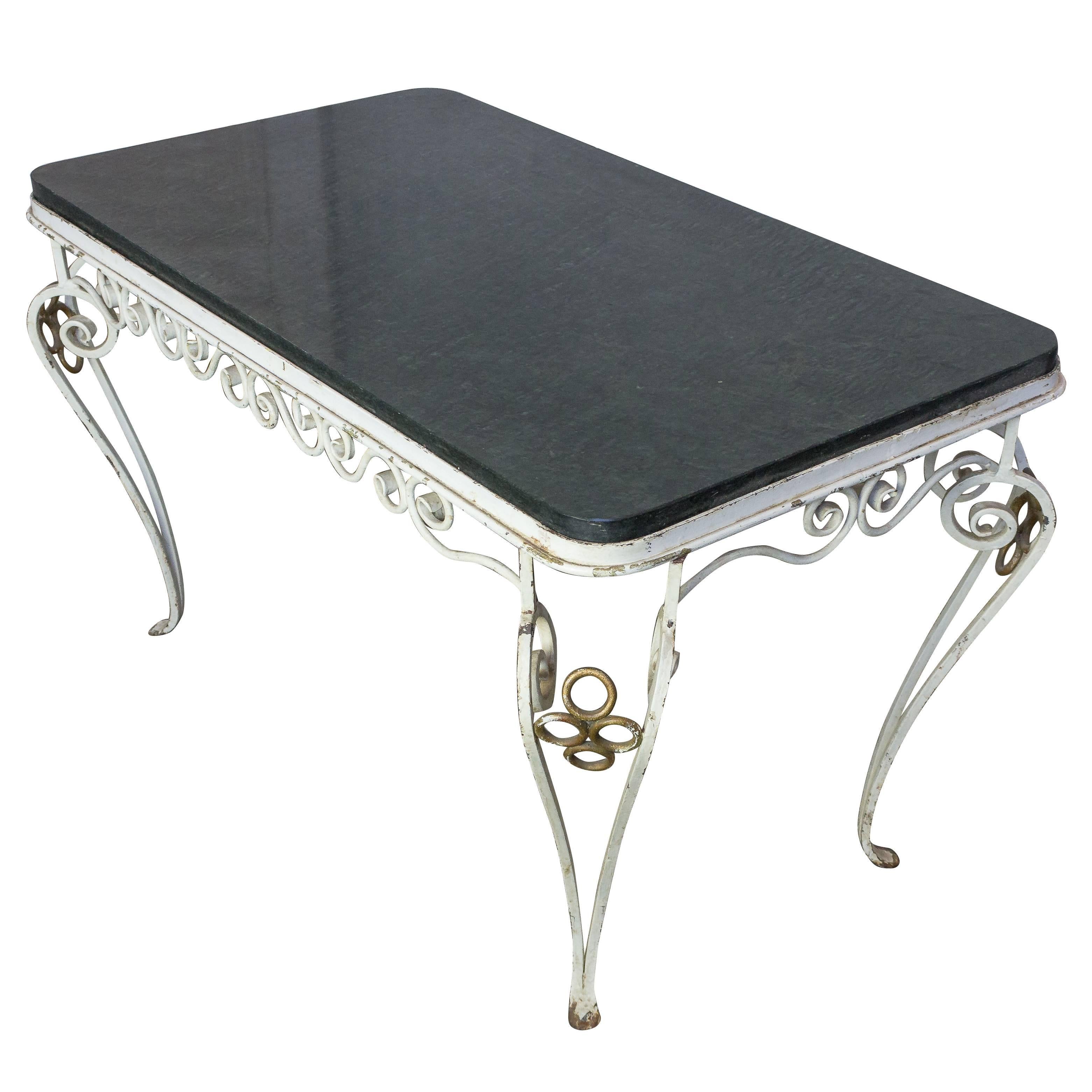 French 1950s Wrought Iron Coffee Table with Black Marble