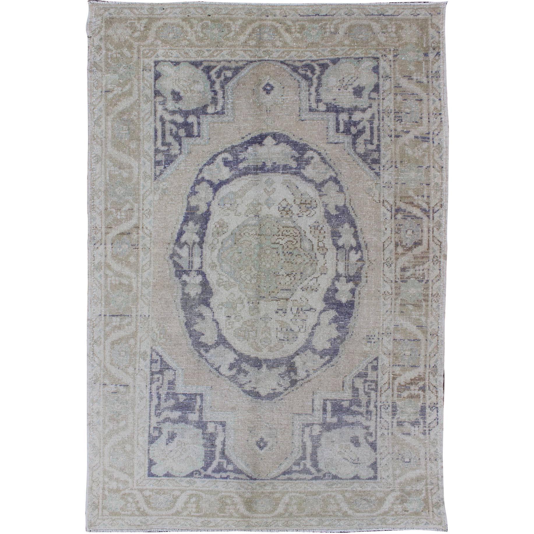 Vintage Medallion Oushak inspired by Ottoman Design in Taupe, Gray & Purple 