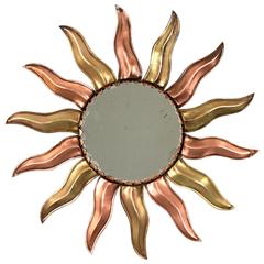 French Mid-Century Modern Copper and Brass Sunburst Mirror 12