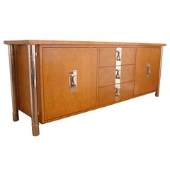 Mastercraft Burl Wood and Chrome Four Column Substantial Credenza