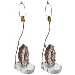Pair of Brass and Lucite Base Lamps Featuring Large Geodes