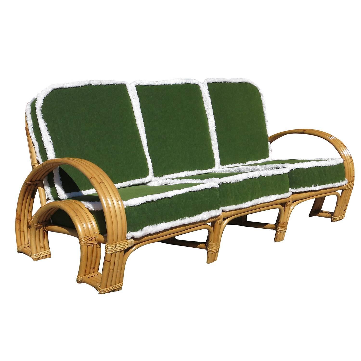 Paul Frankl Style Four Strand Horse Shoe Rattan Sofa At