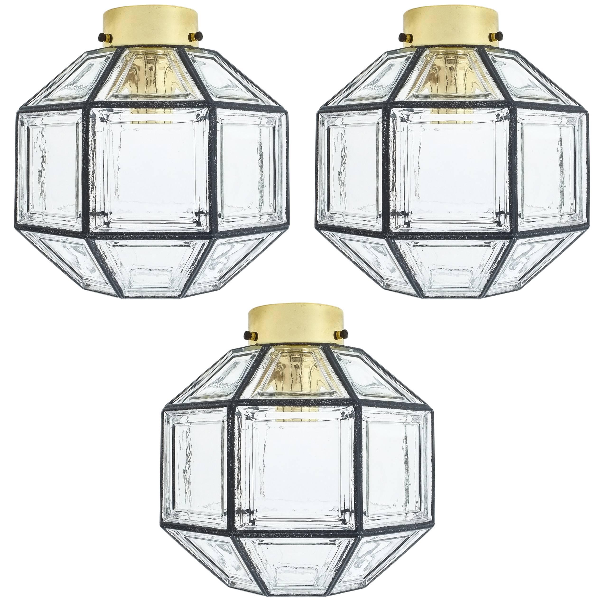 Set of Three Clear Glass Lantern Flush Mounts Lamps by Limburg, 1960 For Sale