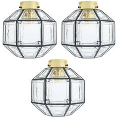 Retro Set of Three Clear Glass Lantern Flush Mounts Lamps by Limburg, 1960