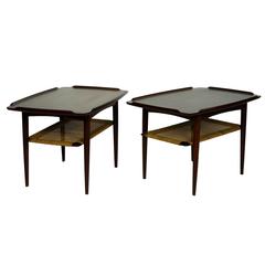 Poul Jensen Selig Matched Pair of End Tables Teak and Cane Denmark 1950's