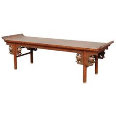 Antique Warly 19thC. Q'ing Dynasty Shanxi Scrolled Bench with Carved Pomegranate Design