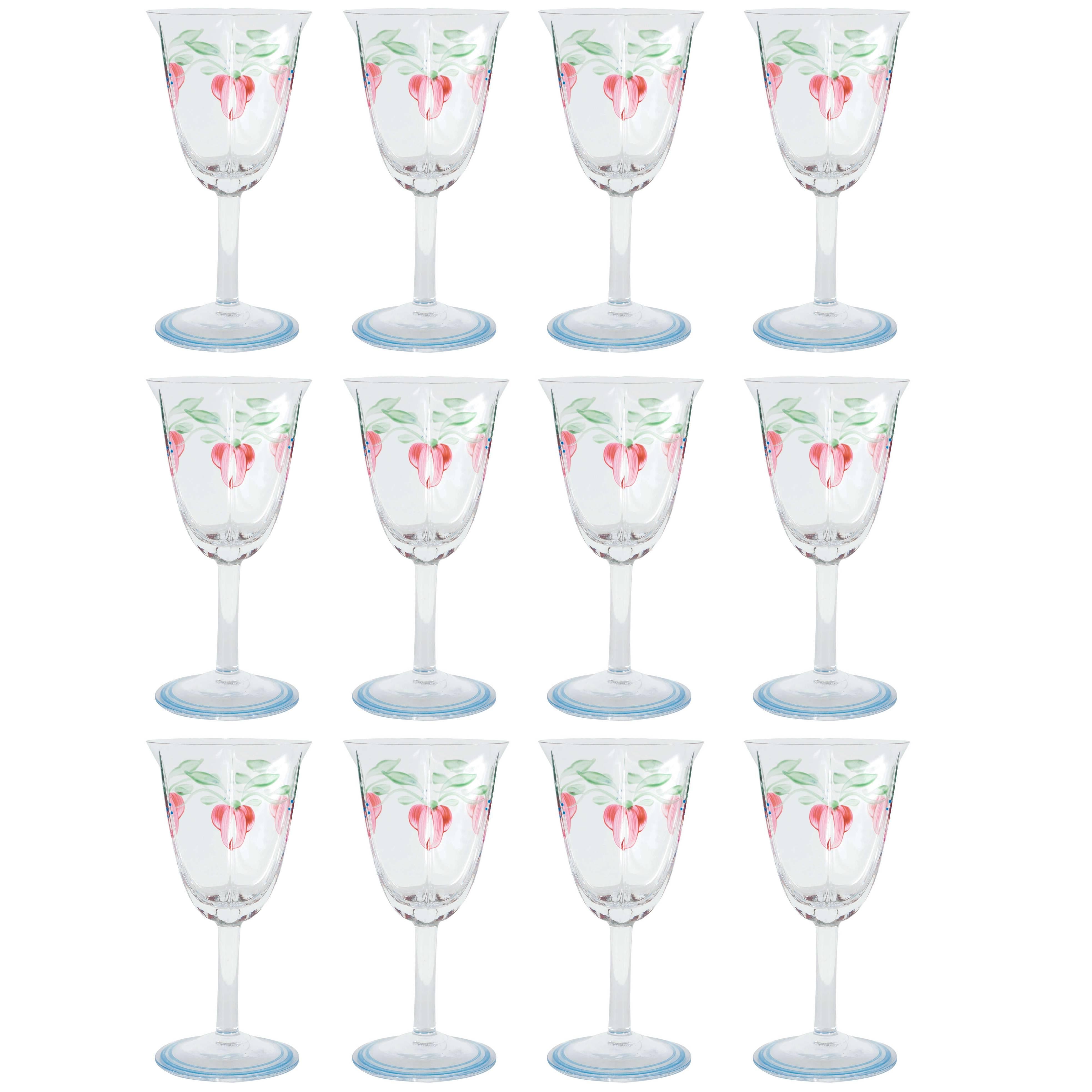 Set of Twelve Hand-Painted Glasses with Stylized Floral and Foliage Design