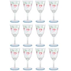 Set of Twelve Hand-Painted Glasses with Stylized Floral and Foliage Design