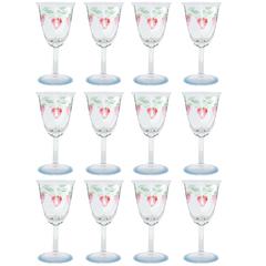 Set of Twelve Hand-Painted Glasses with Stylized Floral and Foliage Design