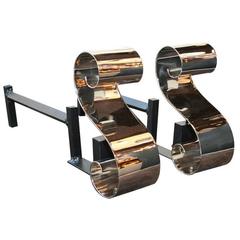 Pair of Stylized Scroll Andirons Attributed to Raymond Subes Pair of Stylized Scroll Andirons Attributed to Raymond Subes