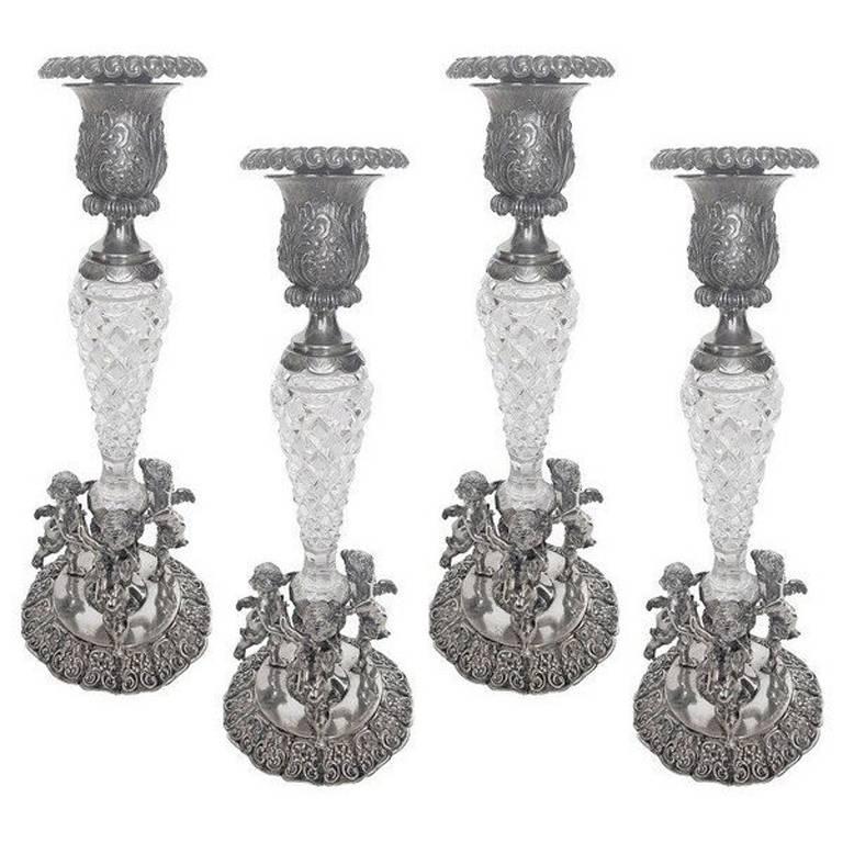 Rare Set of Four German Silver and Crystal Candlesticks, 19th Century