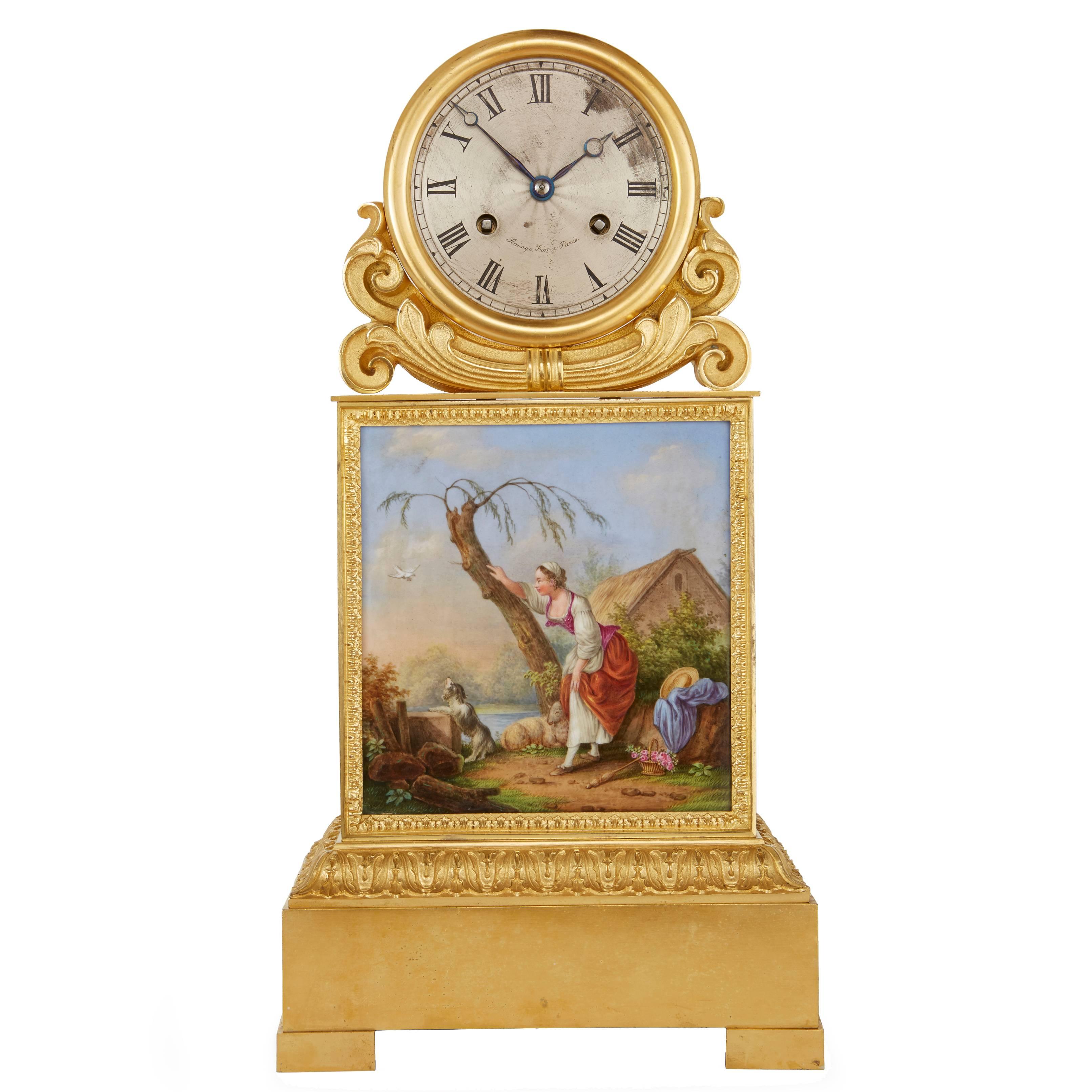 Ormolu and Painted Porcelain Mantel Clock by Raingo Frères