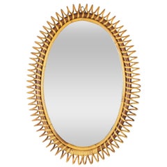 1950s Italian Riviera Spiral Bamboo and Rattan Oval Mirror
