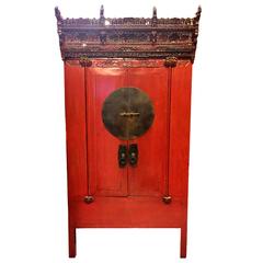 Antique Chinese Red Wedding Chest with Crown, 19th Century