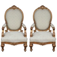 Pair of 19th Century Italian Giltwood Oversized Balloon Back Armchairs