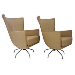 Pair of Modern, Italian, Swivel Lounge Chairs, Upholstered in Tan Color Leather