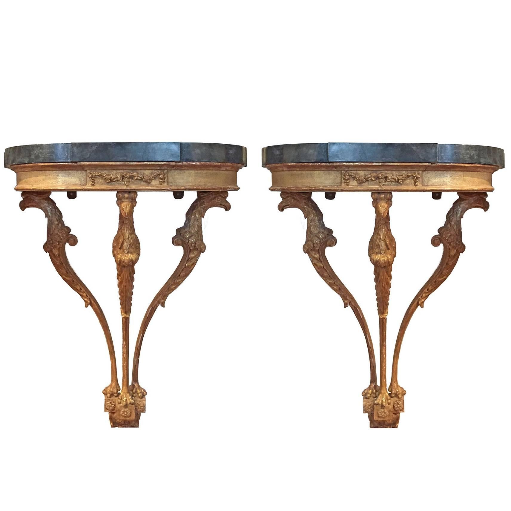 Pair of Adam Inlaid Satinwood and Carved Giltwood Hanging Consoles