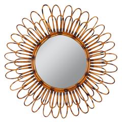 Spanish Rattan Flower Burst Mirror with Pyrography Details