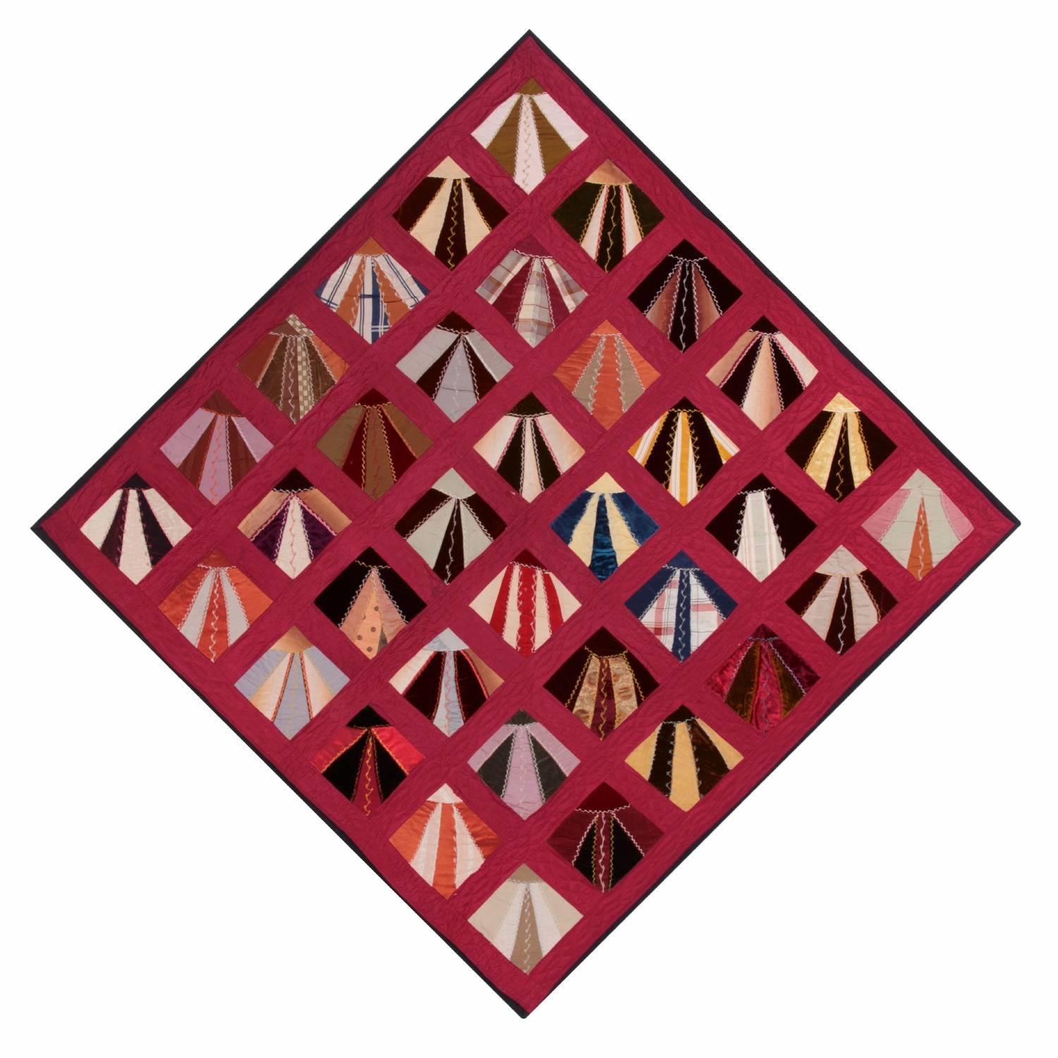 Striking Lancaster County Ribbon Silk Fan Pattern Quilt, Reminscent of Neck Ties