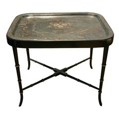 Table 19th Century French Tole Tray with Custom Faux Bamboo Stand