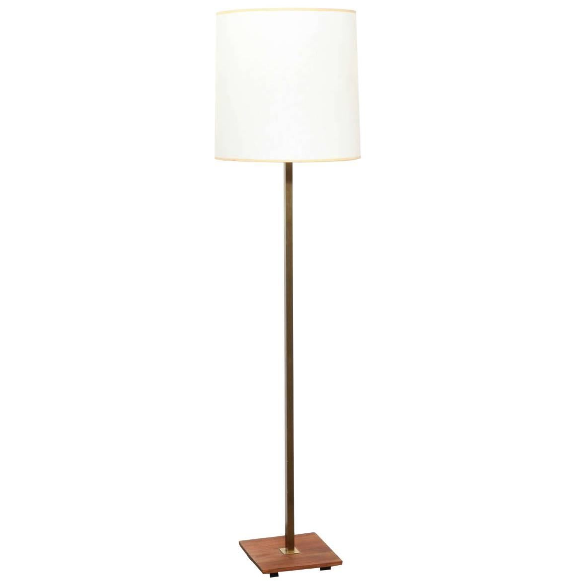 Nessen Studios Brass & Walnut Reading Floor Lamp with White Glass Shade, 1950's  For Sale