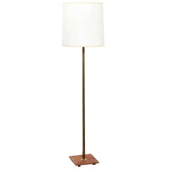 Nessen Studios Brass & Walnut Floor Lamp with White Glass Shade, 1950's